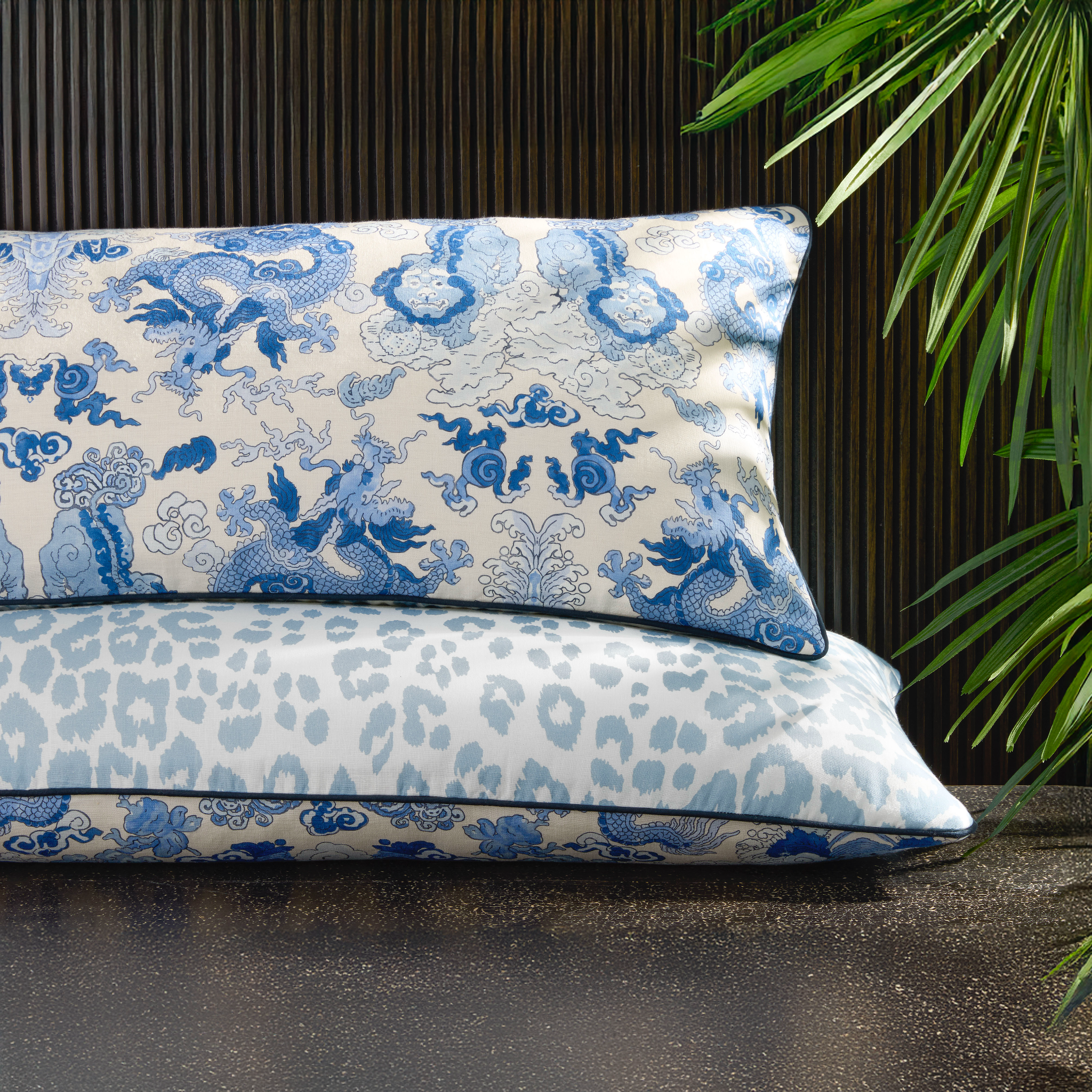 Matouk Schumacher Reversible Pillow Collection - Magic Mountain Porcelain Blue/Iconic Leopard Sky